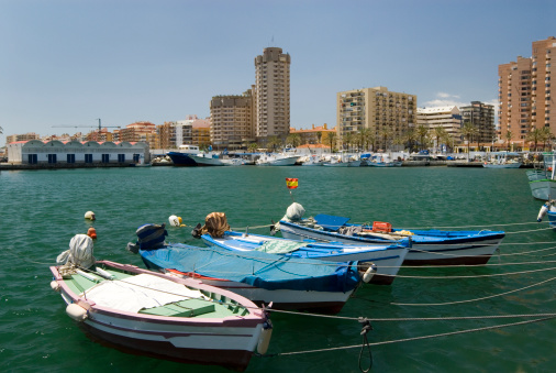 Tethered boats in the port at fuengirola in Spain.