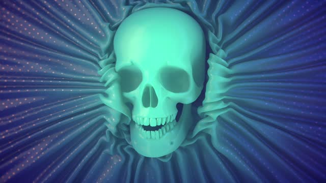 Fantastic digital animation of neon colored skull emerging from folds of shiny cloth. 3d rendering 4K