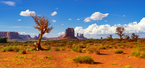 Panoramic of buttes in Monument Valley, Arizona, under a nicely clouded sky
