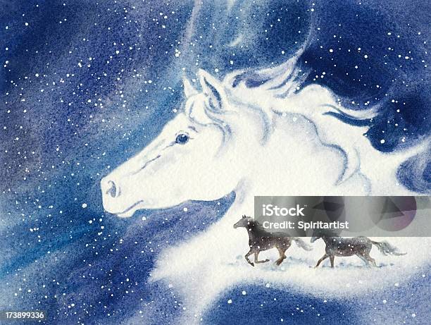 Лошадей Стильный Через Снег — стоковая векторная графика и другие изображения на тему Лошадь - Лошадь, Акварельная живопись, Рождество