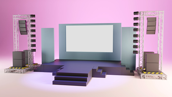 3D rendering of the stage show and truss construction with sound system and blank screen for concert performance, Business concept