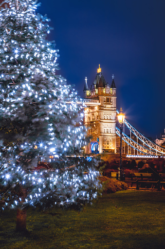 View of a colourful festive Christmas Tree with holiday lights and Tower Bridge in the background at night, London, England