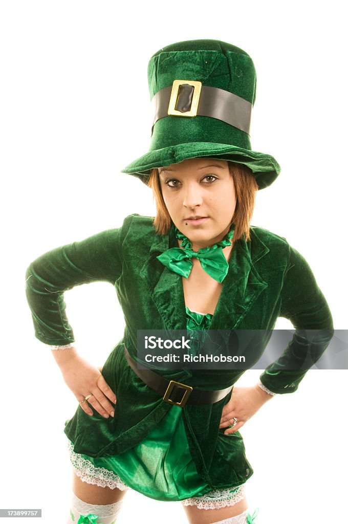 Girl in St Patricks Day Costume Smiling girl in St Patricks day costume Leprechaun Stock Photo