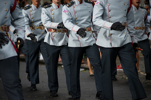 Salvador, Bahia, Brazil - September 07, 2023: Bahia military police officers parade during Brazil's Independence Day celebrations in the city of Salvador, Brazil.