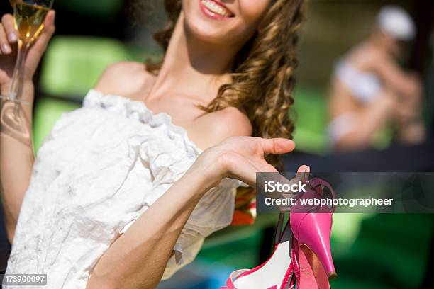 Woman With Shoes And Wine Stock Photo - Download Image Now - Adult, Adults Only, Alcohol - Drink