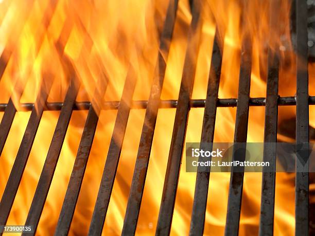 Bbq Grill With Flames Stock Photo - Download Image Now - Barbecue Grill, Flame, High Angle View