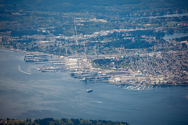 Aerial View of Greater Seattle, Everett, Puget Sound Metro Area "Aerial View of Greater Seattle Metropolitan area.  This shot is of Everett, north of Seattle in the Puget Sound.  See my lightbox" puget sound aerial stock pictures, royalty-free photos & images