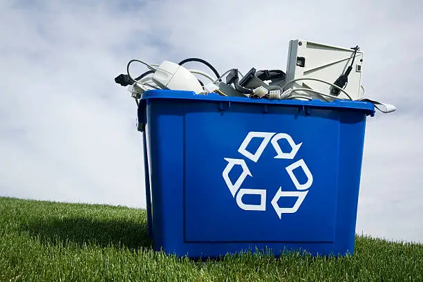 Photo of A large blue container for recycled goods