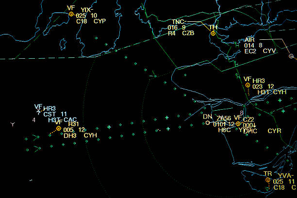 Control panel Radar of Air Traffic Cotrol Aircraft passing through in real time en route to destinations around the world. air traffic control operator stock pictures, royalty-free photos & images