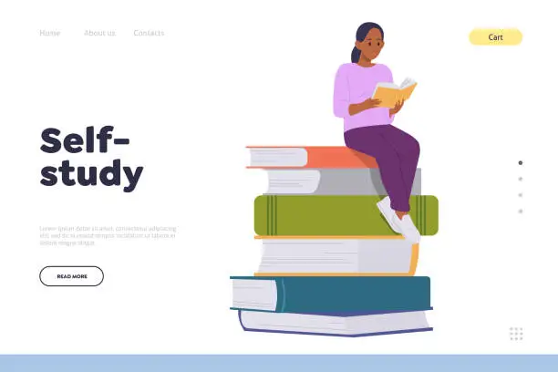 Vector illustration of Self-study online service landing page template with smart teenager girl studying on stack of books