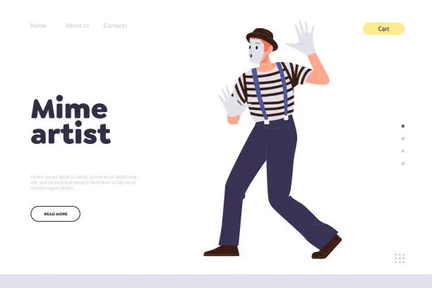 Vector illustration of Landing page template advertising mime artist street performance for people joyful entertaining