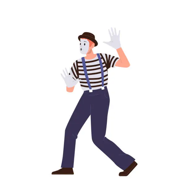 Vector illustration of Male mime actor cartoon character with face makeup wearing cute costume performing comedy on street