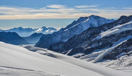High mountain landscape with sun in the French Alps (La Grave, La Meije)