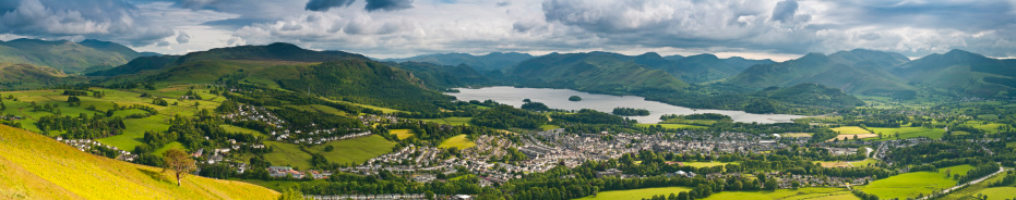 Sweeping panoramic vista across the green patchwork quilt pasture, mountains peaks and dramatic skies overlooking the picturesque market town of Keswick on the wooded shores of Derwent Water in the heart of the beautiful English Lake District National Park, Cumbria, UK. ProPhoto RGB profile for maximum color fidelity and gamut.