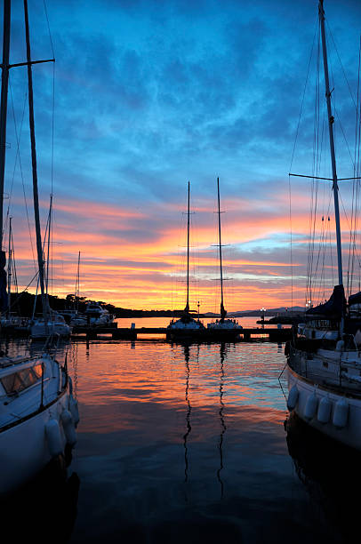 Harbor on the French island of Porquerolles at dusk. French Riviera.