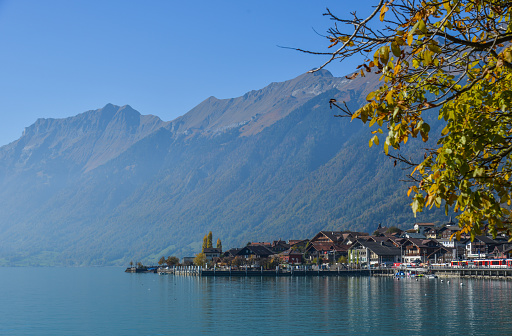 Small town on the lake side of Brienz, Switzerland. The turquoise Lake Brienz is set amid the spectacular mountain scenery.