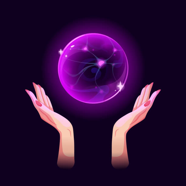 ilustrações de stock, clip art, desenhos animados e ícones de ball of fortune teller, sorceress, witch. magical glowing ball for predictions and esotericism. vector illustration in cartoon style with witchcraft - fortune telling paranormal neon light prophet