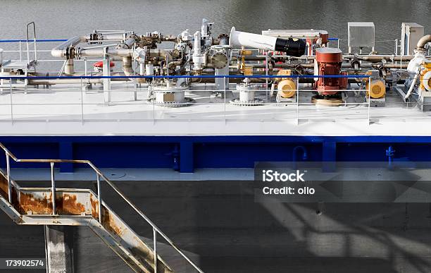 Deck Of An Industrial Tanker Ship Equipment Stock Photo - Download Image Now - Balustrade, Boat Deck, Day