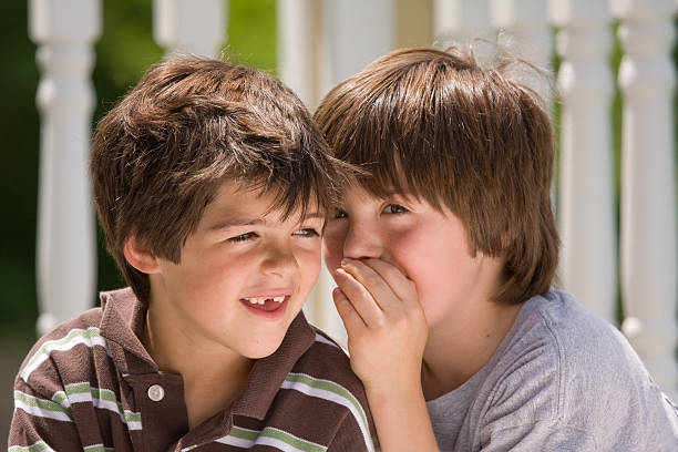 boy telling a secret to his brother stock photo