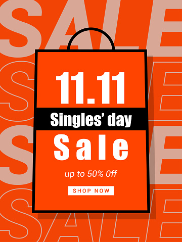 11.11 Singles' Day sale template vector illustration. Shopping bag poster
