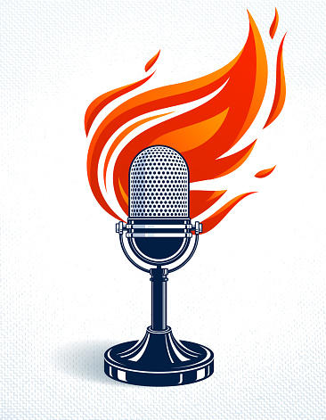 Vintage microphone on fire, hot mic in flames, studio recording music, on the air typing, vector logo or illustration, live radio translation, standup comedy, t-shirt print.