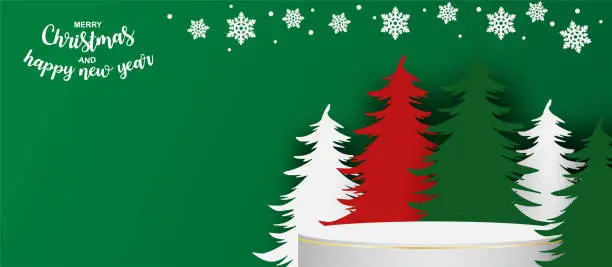 Vector illustration of Merry christmas theme product display podium. Design with christmas tree and product stand on green background. vector. illustration.