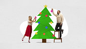 Contemporary art collage. Modern artwork. Happy woman and man, couple dressed retro fashion outfit decorating with balls painted Christmas tree.