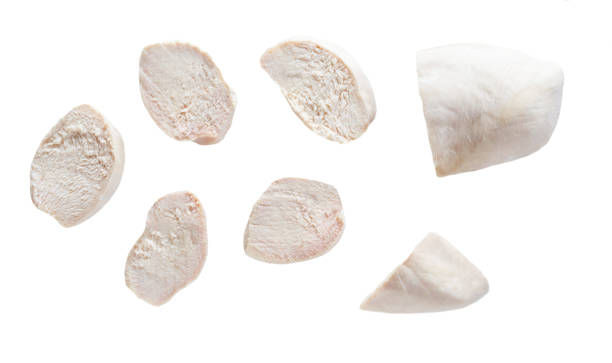 istock pieces boiled chicken breast on a isolated on white background. View from above. 1739039024
