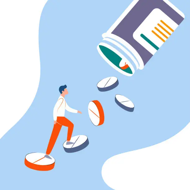 Vector illustration of Vector illustration of a man climbing stairs made of pills. Pills spill out of the bottle. Pharmaceutical products illustration for pharmacy banners, medical posters, stands.