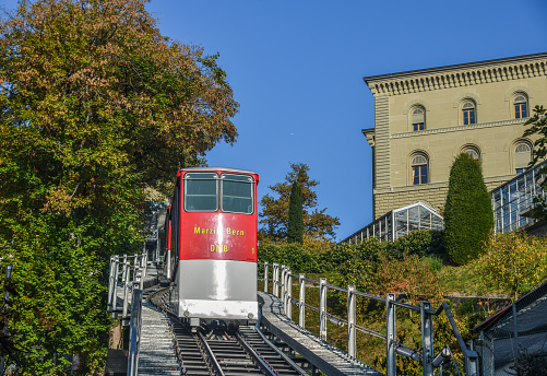 Bern, Switzerland - Oct 22, 2018. Marzili Funicular (cable car) in Bern, Switzerland. Its 105 meters of track lead from the Marzili neighbourhood to the Bundeshaus.