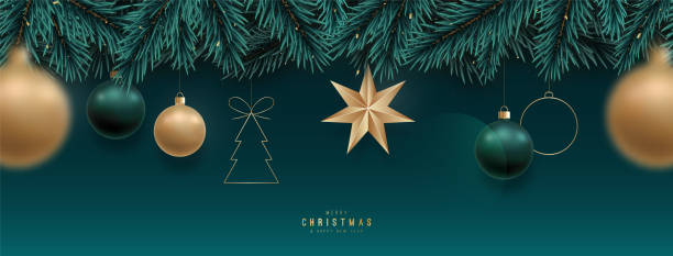 istock Festive seamless border with Christmas tree branches and realistic balls. Design for holiday headers, banners, party invitations. 1739047222