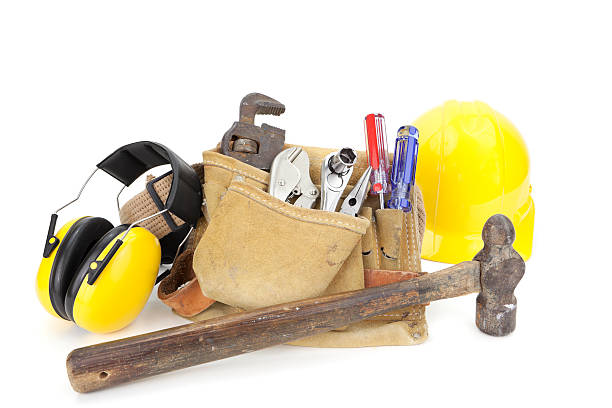 istock Tool Belt with Tools, Hard Hat, and  Ear Protectors Isolated 173904735