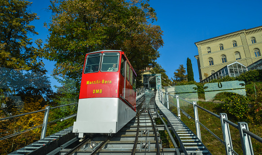 Bern, Switzerland - Oct 22, 2018. Marzili Funicular (cable car) in Bern, Switzerland. Its 105 meters of track lead from the Marzili neighbourhood to the Bundeshaus.