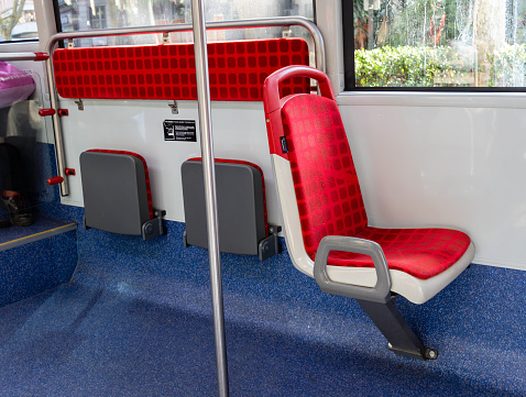 Barcelona, Spain, October 26th, 2019. Public transportation seat featuring a fabric design that resembles de Example urban design