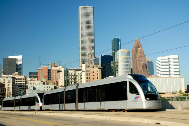 istock Metro Train Going Into Modern Downtown Houston City Skyline Skyscrapers 173905110