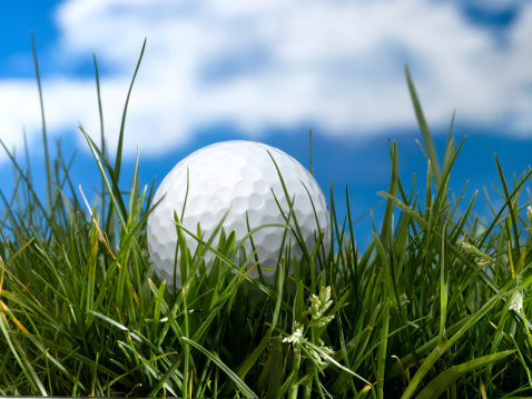 golf ball sitting in long grass with blue sky background