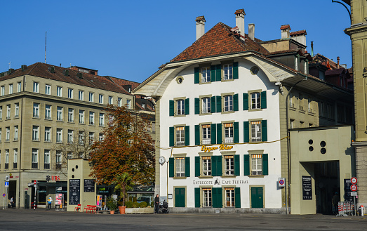 Bern, Switzerland - Oct 22, 2018. Old street of downtown in Bern, Switzerland. Bern is the de facto capital of Switzerland, referred to by the Swiss as their Bundesstadt.