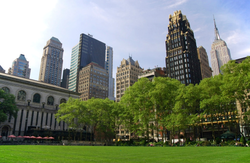 Midtown Manhattan highrise buildings and skyscrapers as seen from Bryant Park