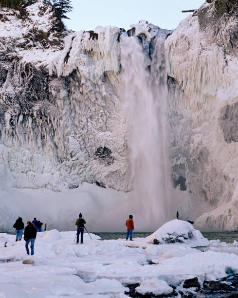 Almost frozen Snoqualmie Falls in Washington state
