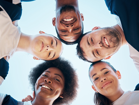 Cheerleader circle, portrait and face of happy team for sports competition support, huddle or group unity. Cheerleading synergy, below view and dancer solidarity, teamwork practice or fitness contest