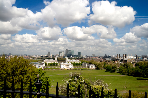 A view over Greenwich, south east London and Canary Wharf from the Royal Observatory.