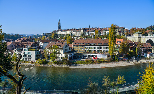 Bern, Switzerland - Oct 22, 2018. View of the old city center and stone bridge over river Aare in Bern, Switzerland.