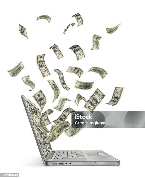 Cash Flow With Computer Stock Photo - Download Image Now - Mid-Air, Pennies from Heaven, Cut Out