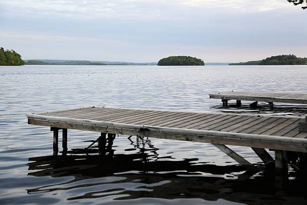 Two docks on a clear northern lake. 