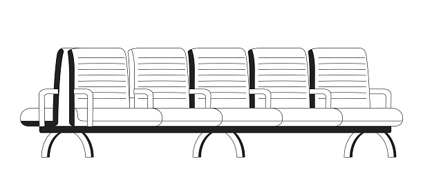 Wooden bench monochrome flat vector object. Comfortable seats in waiting room. Editable black and white thin line icon. Simple cartoon clip art spot illustration for web graphic design