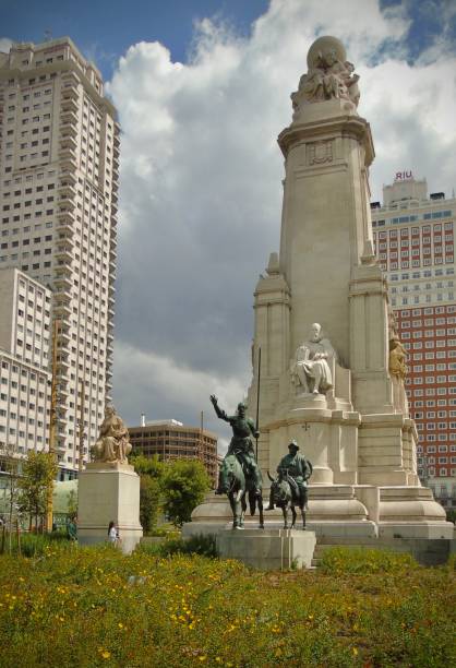 istock the monument to miguel de cervantes has a bronze sculptural group representing don quixote and sancho panza on horseback. 1739094154