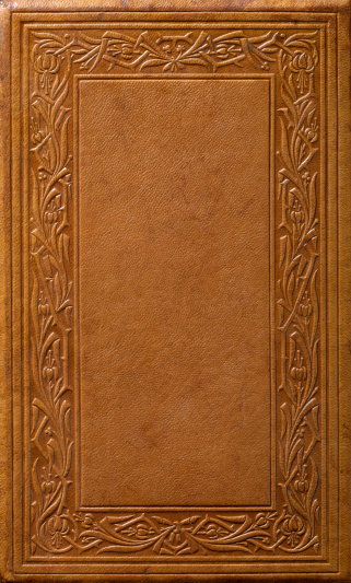 Old leather cover from book published in 1847. Ornate tooled border. Caramel colored high quality leather with light scuffs and wear. Color has a depth and richness that only a 150 plus years can create. Note: this is not a flat scan. It was shot under studio lights for a natural look with realistic highlights and shadows in the embossed design.