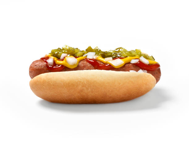 Hot Dog with all the Fixings "Hot Dog (sausage) with Ketchup, Mustard, Relish and Onions -Photographed on Hasselblad H3D-39mb Camera" relish stock pictures, royalty-free photos & images