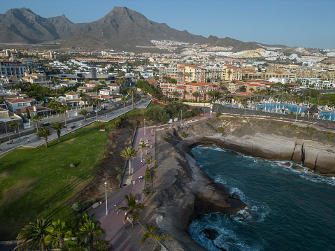aerial drone top view of Costa Adeje hotels and resorts, Tenerife, Canary island, high quality picture