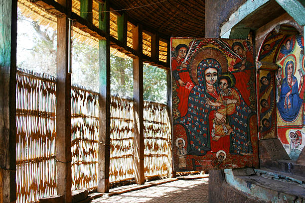 Church of St Mary A painting of St Mary in a window of the church of the same name on the shore of Lake Tana in northern Ethiopia ethiopian orthodox church stock pictures, royalty-free photos & images